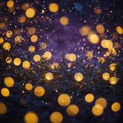Poster - Glowing golden bokeh lights against dark purple background, creating magical and ethereal atmosphere