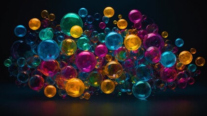 Poster - Colorful glass marbles or beads in various shades of blue, green, yellow, orange, and purple against dark background