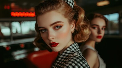 Retro-Inspired Portrait of Two Elegant Women with Vintage Hairstyles and Makeup in a Classic Diner Setting