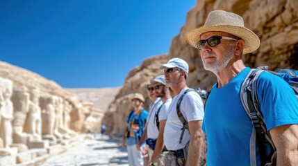 Group of people wearing hats and backpacks exploring an ancient monument under a bright blue sky, capturing the essence of adventure and historical discovery.