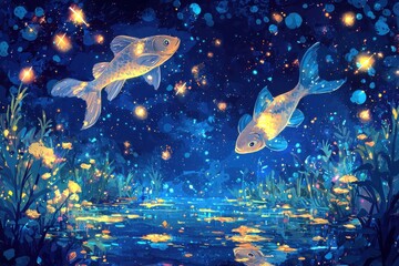 Wall Mural - Magical aquatic fantasy landscape with glowing underwater creatures