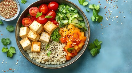 Colorful Vegan Meal with Tofu Quinoa and Fresh Vegetables on a Plate