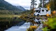 © Pinklife - A recreational vehicle is parked by a serene lake, surrounded by autumn foliage and mountains in the background, capturing a peaceful and adventurous outdoor setting.