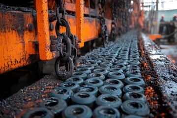 Close-up of Industrial Chain and Rows of Circular Objects