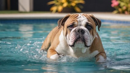 Fawn english bulldog in the swimming pool