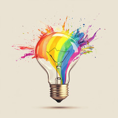 Creative concept light bulb explodes with colorful water colors on a light blue background. Think different, creative idea. Productivity and creativity
