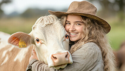 Young woman farmer hugging cow in pasture