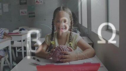 Poster - Animation of mathematical data processing over biracial schoolgirl at school