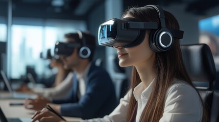 AI-powered virtual reality worlds used for collaborative work environments: A group of people working together in a fully immersive virtual office.