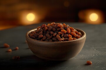 Wall Mural - Bowl of raisins on a dark surface.