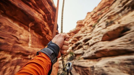 Wall Mural - Explorer s hand gripping a rope on red canyon walls, closeup of gear and rock textures, adventure and thrill in the heart of nature