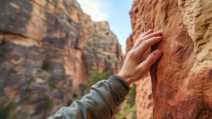 Explorer s hand gripping red rock, rugged canyon walls rising in the background, closeup of determination and adventure