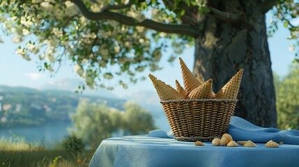 A basket of waffle cones sits a top a blue table cloth