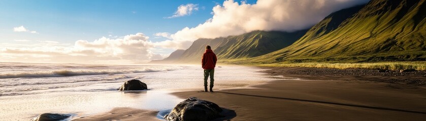 Wall Mural - Man Standing on a Serene Beach with Majestic Mountains in the Background at Sunset