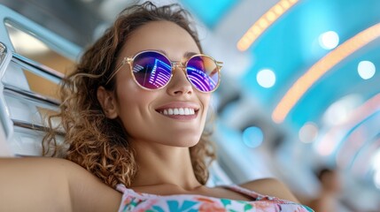 A woman wearing stylish sunglasses and a colorful swimsuit lounges comfortably under vibrant lights, showing a delighted smile that radiates relaxation and enjoyment.