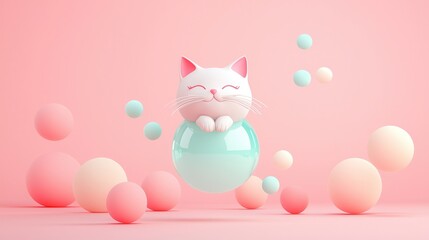 Wall Mural - Cute Cat in a Bubble with Colorful Spheres.