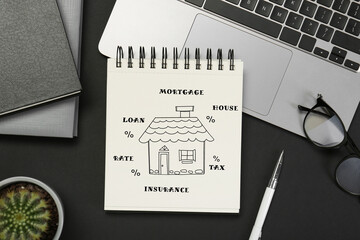 Wall Mural - Mortgage. Notebook with drawing of house, percent signs and words on black table. Workplace with laptop, top view