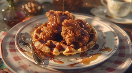 A beautifully arranged plate of fried chicken and waffle