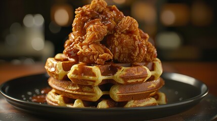 Sticker - A black plate holds a stack of waffles topped