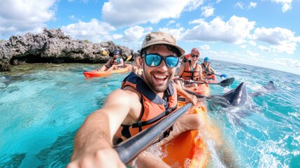 A group of friends enjoying kayaking on the ocean as they take a vibrant and exciting selfie, showcasing their adventure and the beautiful clear blue waters.