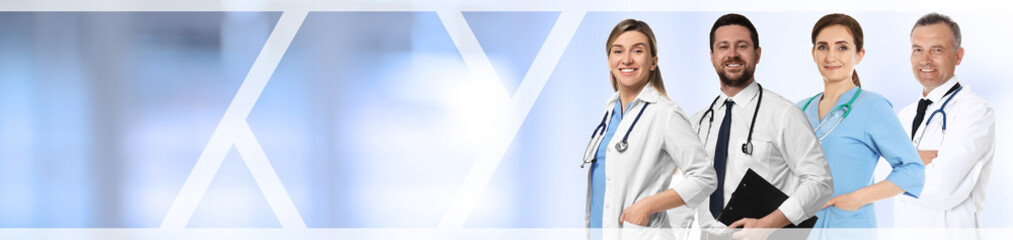 Wall Mural - Doctors on blurred background. Banner design with space for text