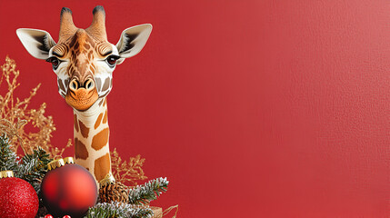 Wall Mural - Animated Christmas Giraffe red background with copy space