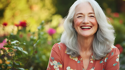 Wall Mural - Beautiful gorgeous 50s mid age beautiful elderly senior model white woman in the garden with grey hair laughing and smiling Mature old lady close up portrait