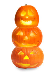 Wall Mural - Stack of pumpkins with carved spooky faces on white background. Halloween jack-o-lanterns of different sizes