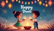 © Shivamrajput46  - Diwali illustration with kids, children holding oil lamps (diyas) and Burning sparkler, celebrating Diwali under a sky filled with firework, festival of lights.