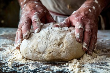 Hands Kneading Dough on Floured Surface: Artisanal Baking Process in Rustic Kitchen Setting