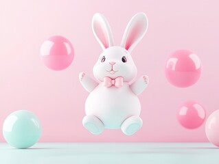 Poster - Cute Bunny Rabbit with Pink Easter Eggs 3D Render.