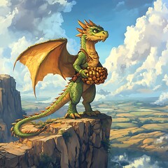 Wall Mural - Green Dragon with Golden Treasure on a Clifftop.