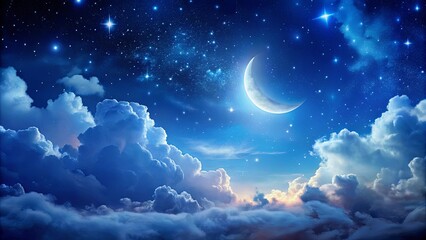 Wall Mural - night sky with crescent moon, stars, and clouds creating a dreamy atmosphere