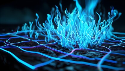 Wall Mural - Holographic flame formed by intricate neon blue lines on a dark, isolated backdrop