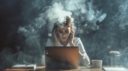 Poster - A woman is sitting at a desk with a laptop and a cup of coffee