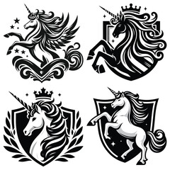 Wall Mural - Heraldic unicorn crest vector illustration, black and white, fantasy emblem, decorative design