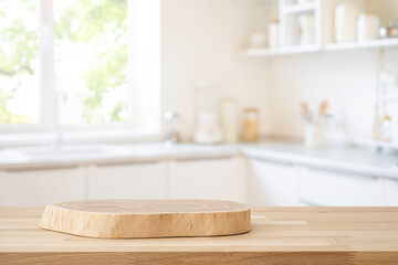 Wall Mural - table top with empty wooden podium for product montage on blur kitchen window interior background