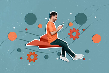 Poster - Collage image artwork of happy cheerful nice man sitting chatting isolated on creative drawing background