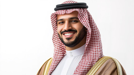 Portrait of a smiling Saudi man wearing a thobe and ghutrah (traditional headscarf) on a white background