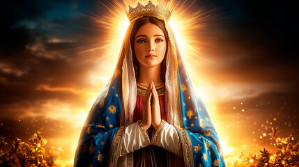 A sacred depiction of the Virgin Mary in prayer with divine light in the background symbolizing holiness and grace.