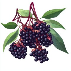 a close-up illustration of vibrant black elderberries with fresh green leaves, showcasing nature's b