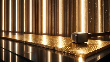 Luxe ambiance of shimmering gold plate with intricate hammering illuminated by warm glowing light