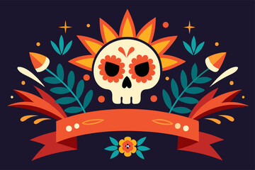 Colorful día de los muertos banner with skull and floral decorations for festive celebrations