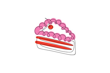 Wall Mural - Single line drawing of sliced cake with cherry. Simple dessert, piece of birthday cake illustration. Pastries with berries and cream vector concept