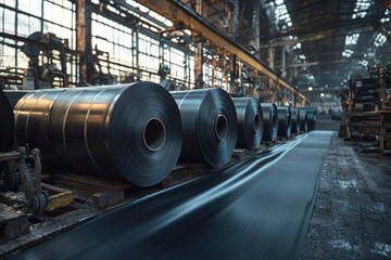 Industrial Metal Coils on a Conveyor Belt in a Factory