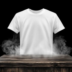 Wall Mural - Blank White T-Shirt Mockup on Wooden Table With Smoke, Isolated on Black Background, 3D Rendering