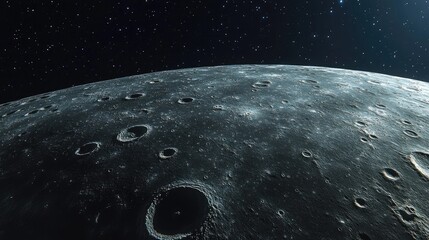 Wall Mural - Wide panoramic view of the moonas illuminated surface, focusing on its craters and texture under starlight. No people. No logo.