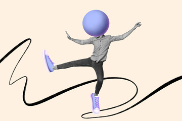 Poster - Picture collage artwork of funny funky unknown silhouette with ball instead head isolated on painted background