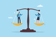 © Nuthawut - Gender equality, workplace fairness, justice or law, diversity corporate employee, comparison or balance scales, equilibrium concept, businessman and businesswoman colleagues on balance equal scales.