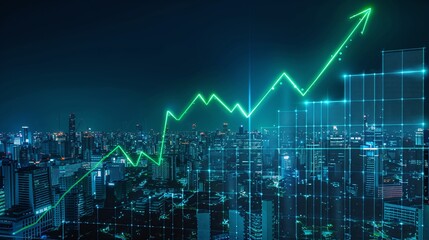 Dynamic cityscape showing a green growth trend line, symbolizing progress and prosperity in finance and technology.